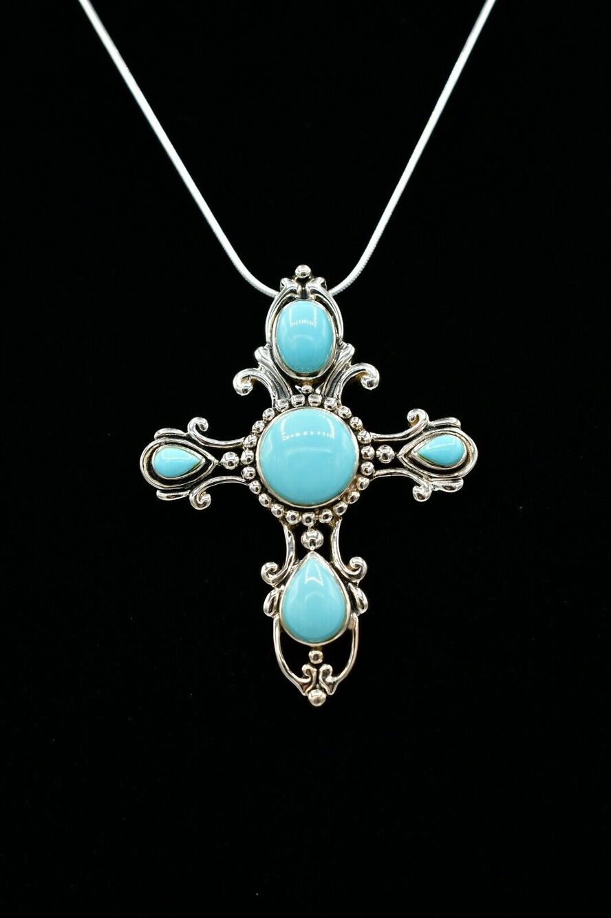 Vintage Cross Necklace SX 925 Sterling Silver Cabochon Turquoise Pendant BinM